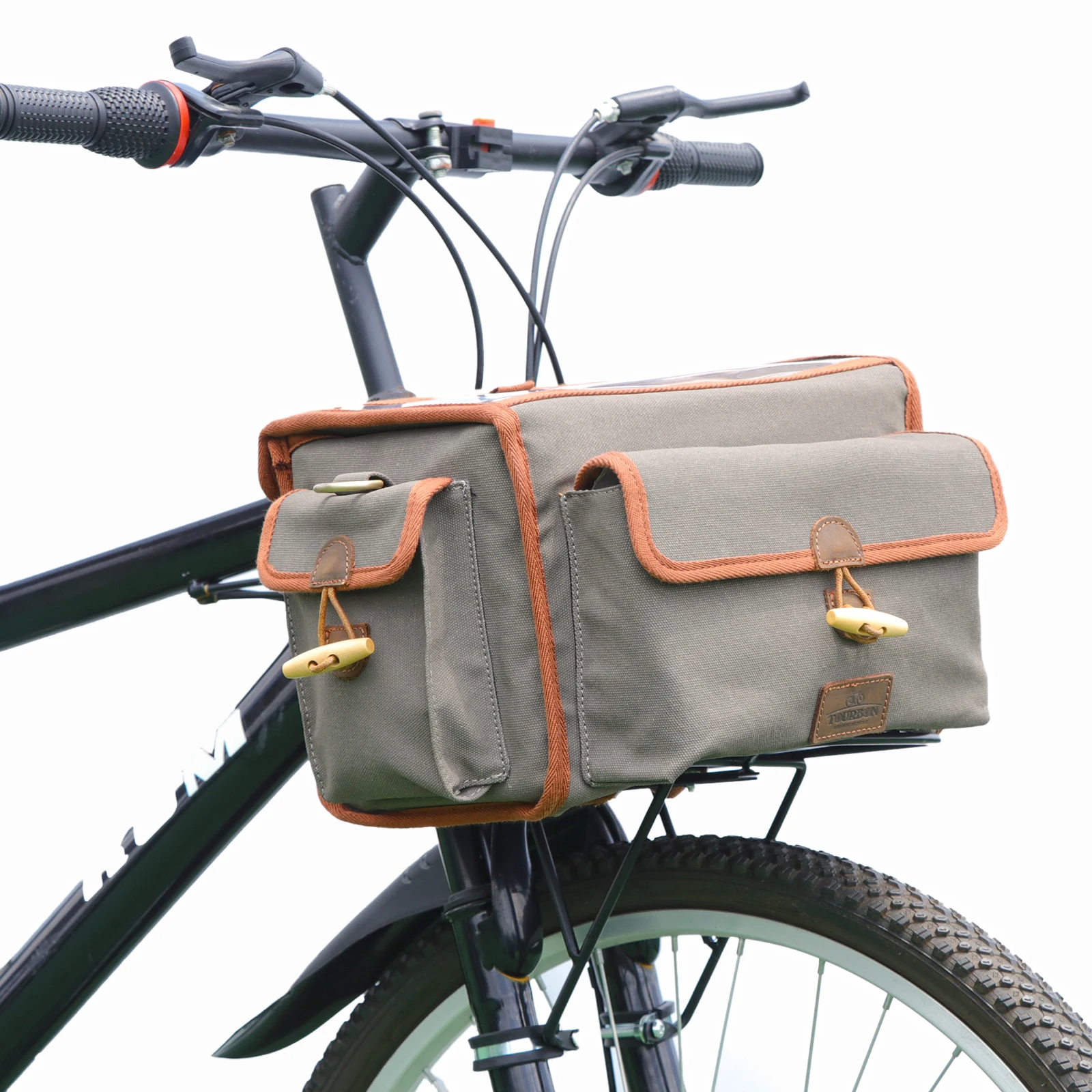 

Tourbon Vintage Bike Front Rack Bag Bicycle Canvas&Leather Bag Bike Trunk Pannier Basket with Removable Shouldder Strap Picnic