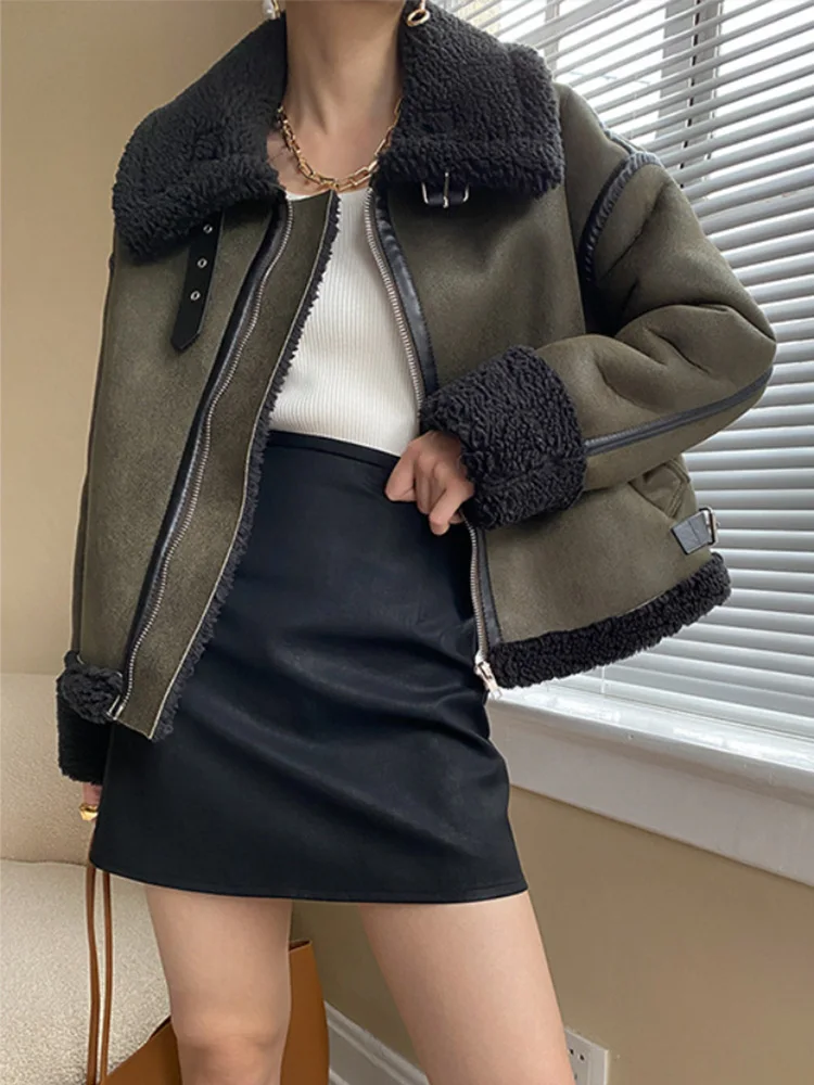 

FTLZZ новое осенне-зимнее уличное байкерское толстое теплое пальто из искусственной кожи, Женская винтажная короткая куртка из искусственной кожи с отворотами, верхняя одежда