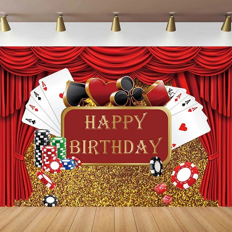 

Casino Theme Birthday Party Photography Backdrop Casino Night Poker Dice Red Curtains Background Las Vegas Gold Glitter Decor