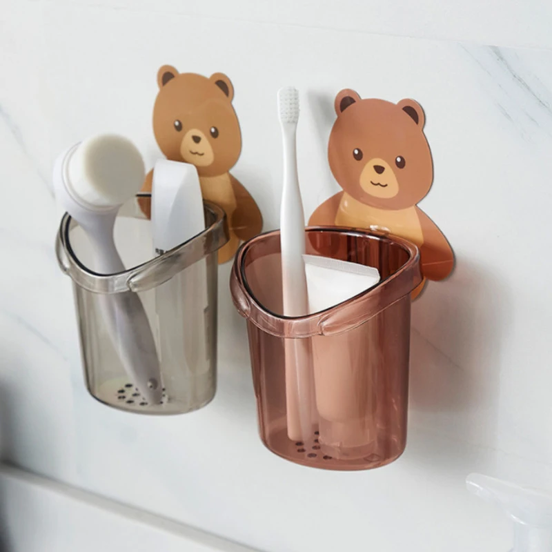 1/5/10Pcs Teddy Bear Wall Mounted Toothbrush Holder Cup Punch-free Holder Bathroom Supplies Organizer Bathroom Accessories