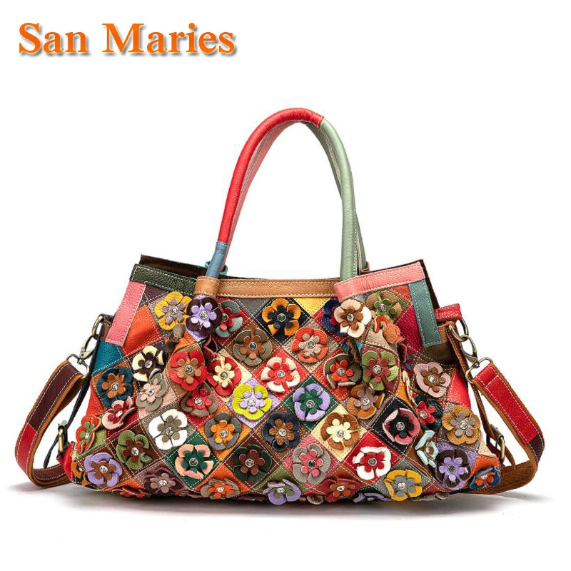 

San Maries Genuine Leather Cowhide Handmade Color Flowers Large Women Purses Diamond Lady Shoulder Messenger Bag Female Handbag