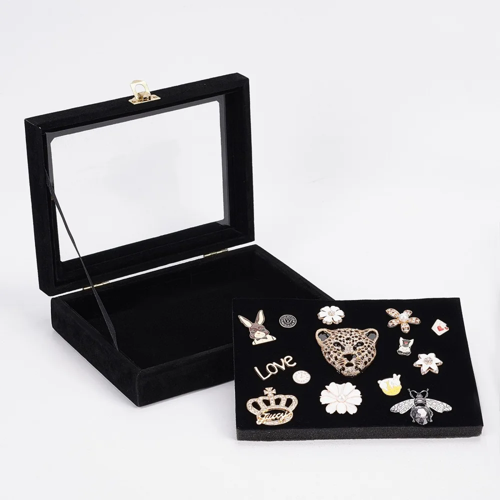 Simple Classic Velvet Box with Snap Buttons Black Rectangle Badge Ring Earring Jewelry Display Stands Tray Holder Storage Case
