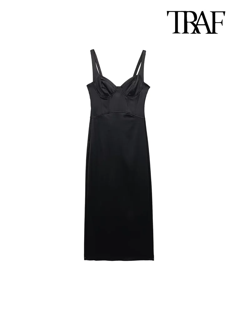 

TRAF Women Fashion Back Slit Soft Midi Corset Dress Vintage V Neck Wide Straps Female Dresses Vestidos Mujer