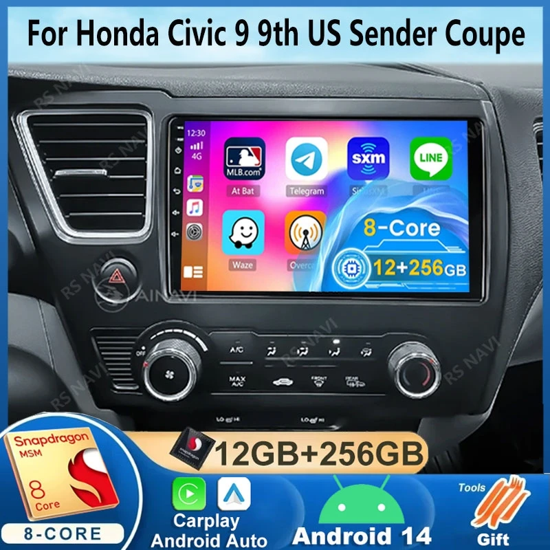 Автомобильный мультимедийный видеоплеер на Android 14 для Honda Civic 9 2013-2016 Carplay