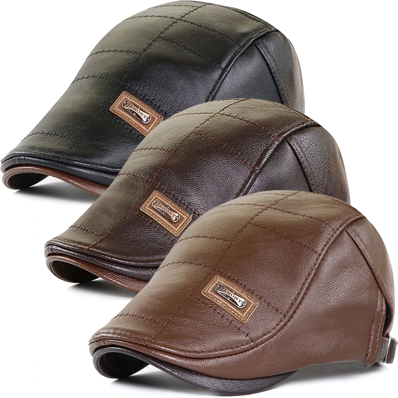 

Middle-aged Artist Visor Retro Men Fashion PU Leather Beret Hats Spring Summer England Beret Hat Warm Flat Peaked Cap Adjustable