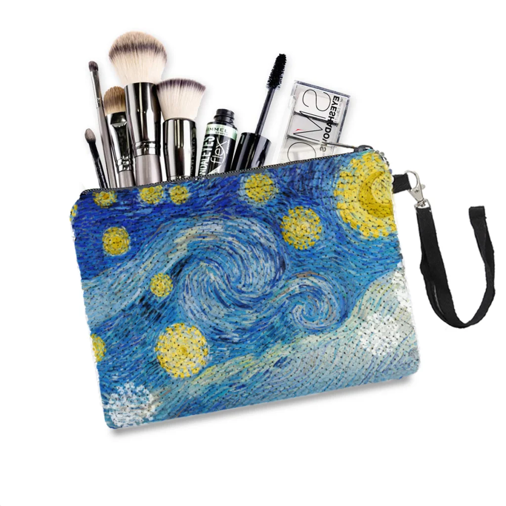 

Starry Night Sequins Makeup Bag Vincent Van Gogh Painter Women Girl Glitter Portable Cosmetic Bag Small Travel Storage