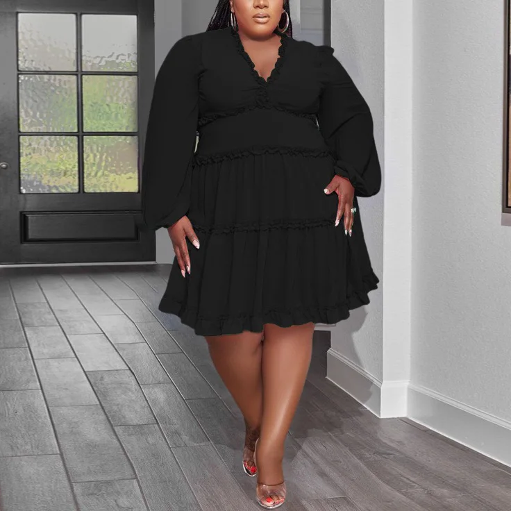 4XL 5XL Plus Size Dresses for Women Large Solid Full Sleeve V Neck High Waisted Elegant Evening Party Dinner Vestidos Mujer Big
