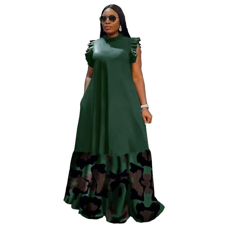 

African Maxi Dress Women Camouflage Print Patchwork Robes Africa Clothing Summer New Fashion Streetwear Sleeveless Dress Vestido