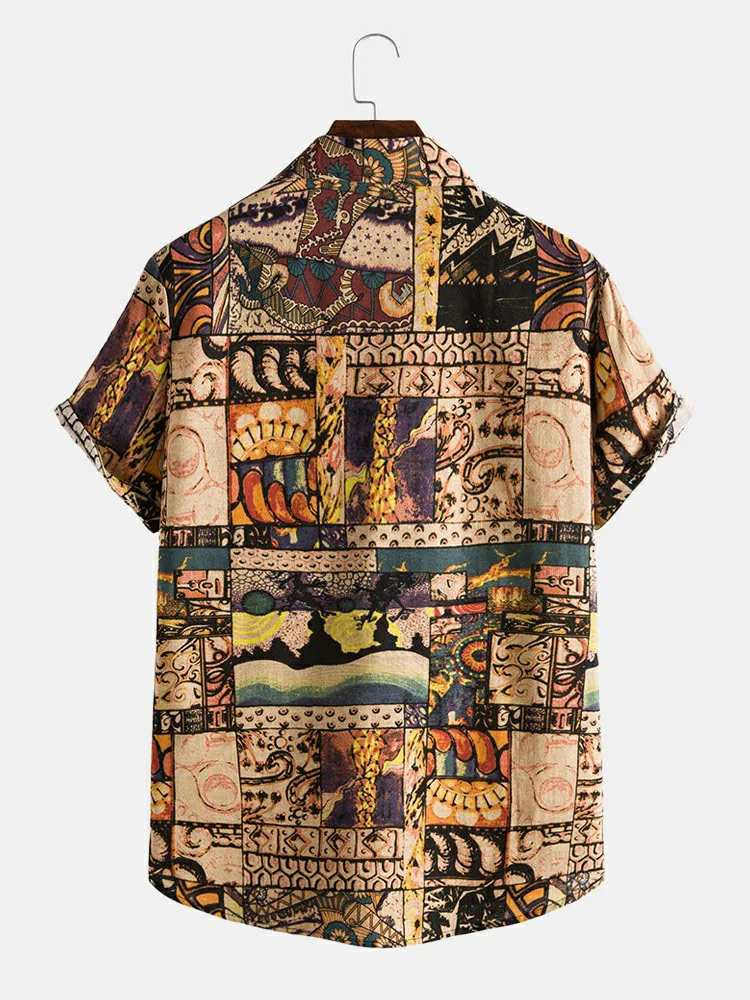2022 Mens Short Sleeve T-Shirts Ethnic Style Tribal Print Lapel Button Short Sleeve Shirt