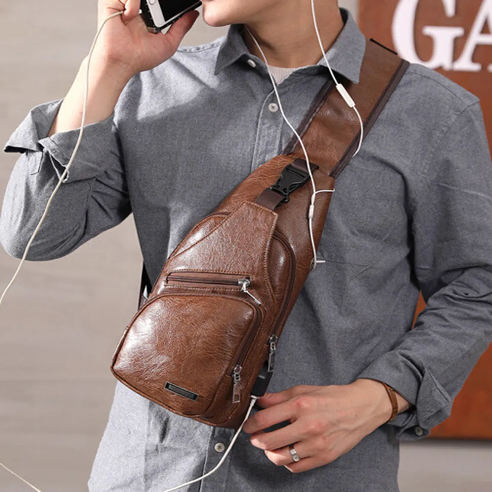 

USB Charging Chest Bag With Headset Hole Mens Multifunction Single Strap Anti Theft Chest Bag With Adjustable Shoulder Strap