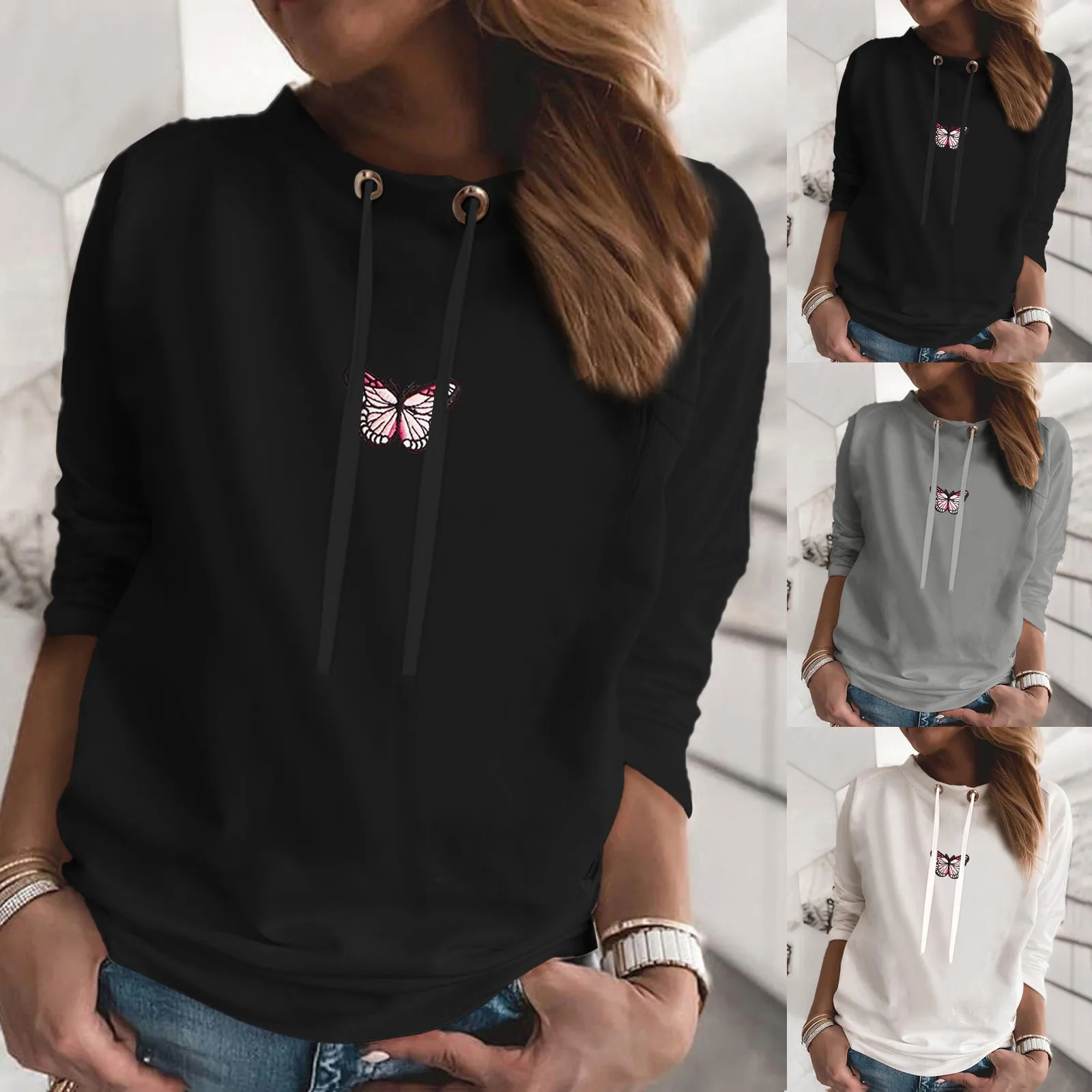 

Women's Drawstring O-Neck Casual Loose Print Long Sleeves Blouses Shirts Top Fuzzy Collar Fuzzy Sleeve Top