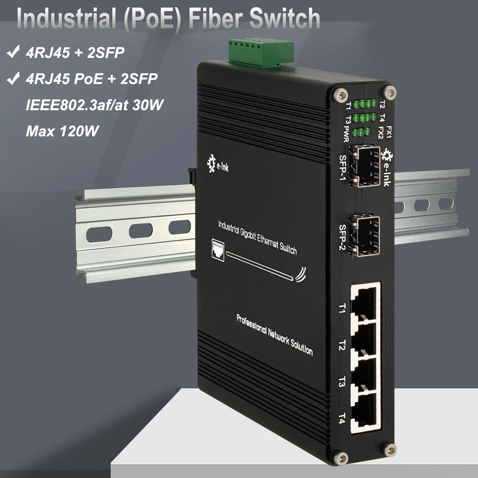 

Промышленный гигабитный волоконный коммутатор с 4 портами (PoE) с 2 SFP-DIN-рейкой, неуправляемый сетевой коммутатор 10/100/1000 м, алюминиевая фотовсп...