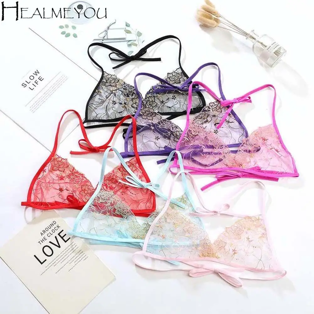 

Transparent European and American Flower Straps Open Back Bandage Women's Bras Underwear Embroidered Sexy Lingerie
