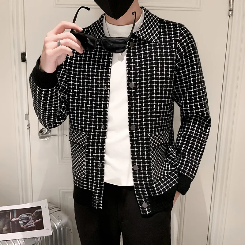 2022 Brand Clothing Men High Quality plaid Casual Cardigan Knit Sweater/Male Spring Slim Fit Lapel Casual Knit Shiirts S-3XL