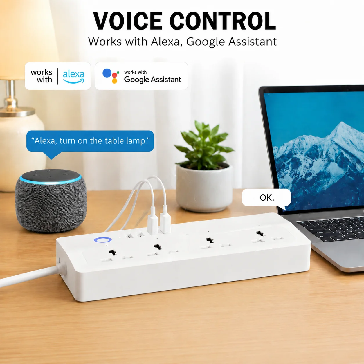 Фото Универсальный сетевой адаптер Tuya WiFi 20W с голосовым управлением, таймером и USB-портами, совместимый с Smart Life (UK/EU/US) №3
