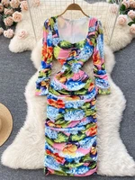 summer runway women flower printed pleated bodycon dress female elegant puff sleeve high elastic waist draped mesh dress