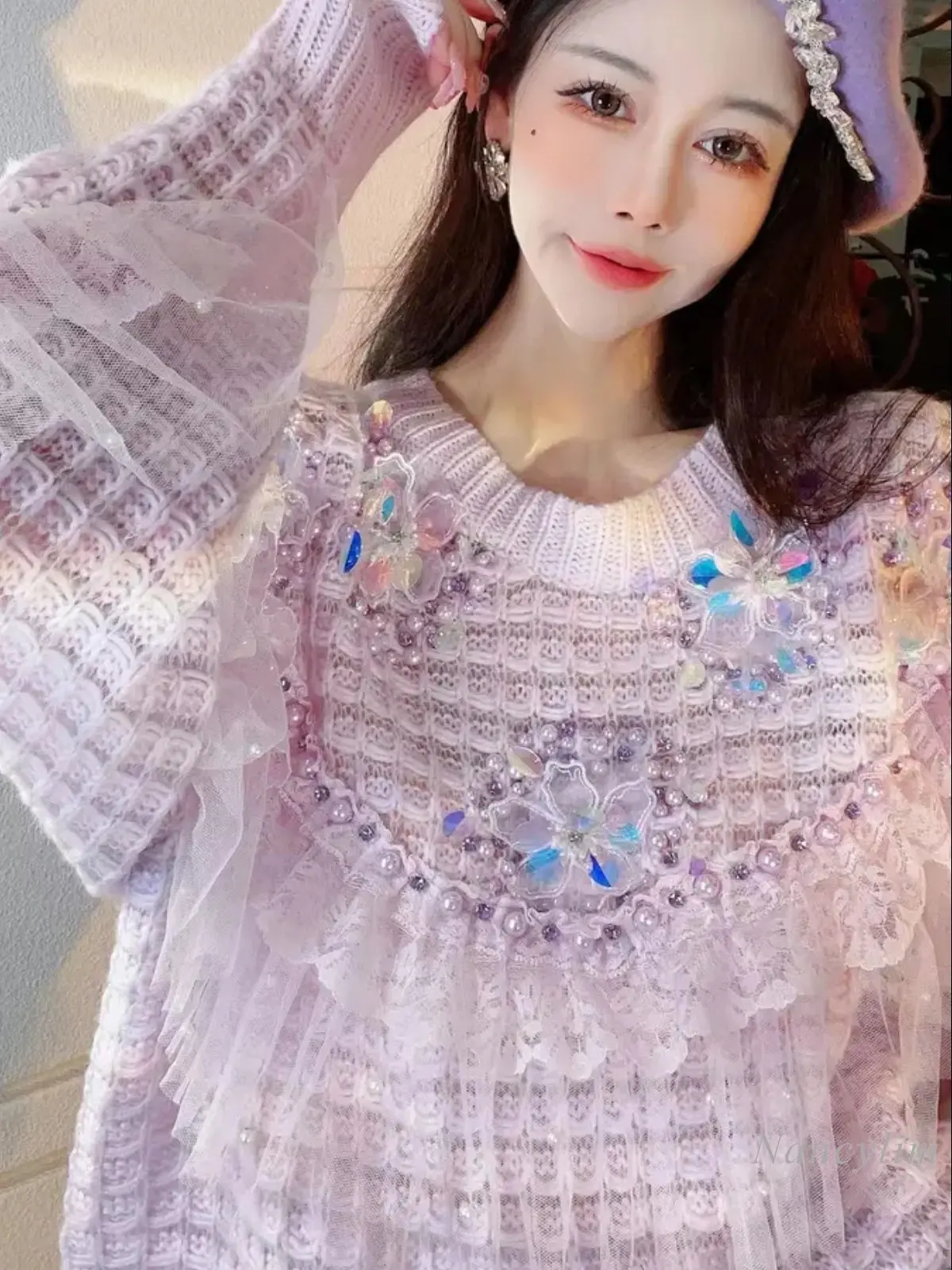 

Lace Ruffled Sweater for Women 2022 Autumn Winter New Heavy Industry Beads Flower Knitted Top Blue Purple Pull Femme