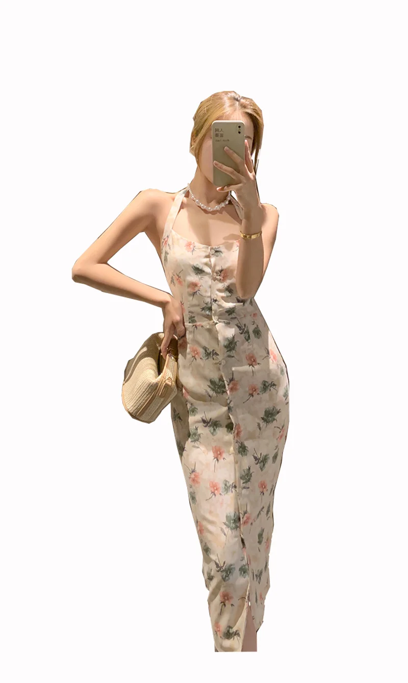 

Women Boho Beach Summer Sleeveless Halter Floral Print Dress Female Elegant Spaghetti Strap Slim Sundress
