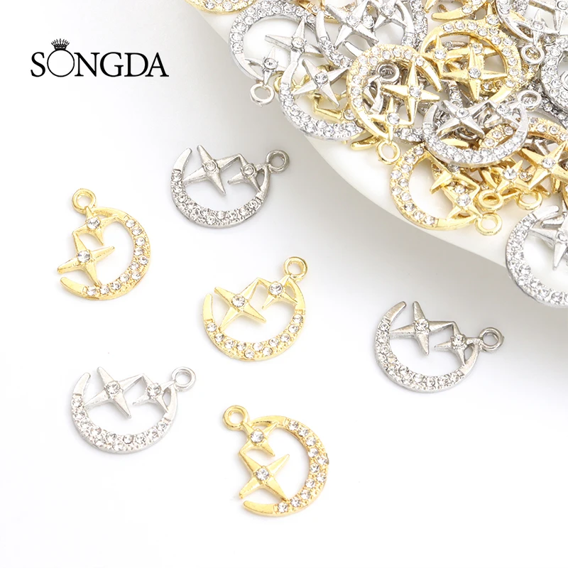 

10pcs 16*20mm Fashion Moon Four-pointed Star Crystal Charms Silver/Gold Color Alloy Pendants For Making DIY Handmade Accessories