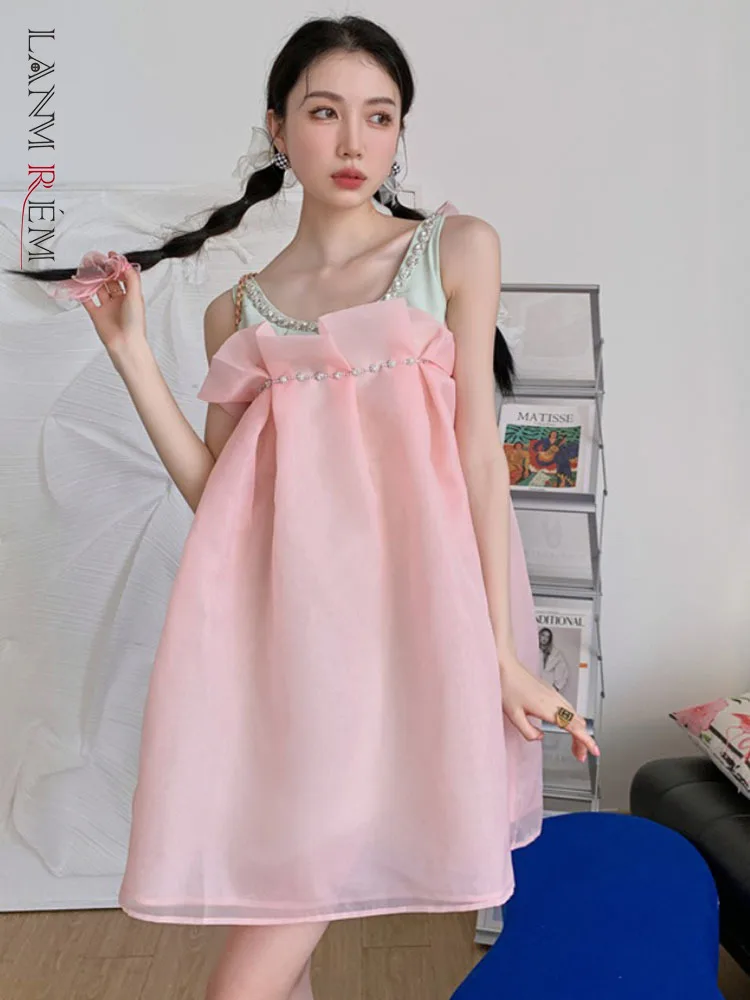 

LANMREM Pink Ruffle Diamond Mesh Suspender Dress Rhinestone Bow High Waist Stitching Dresses 2023 Summer Female Cute 2R2092