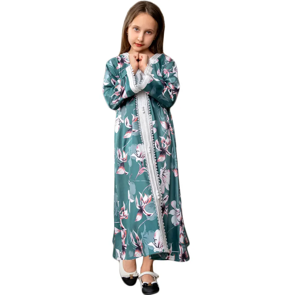 

Girls Kids Muslim Abaya Dress Green Floral Printed Islamic V-neck Djellaba Gown Children Eid Ramadan Robe Arab Jilbab Kaftan