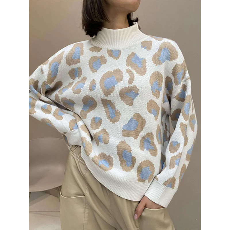 

Winter Tops for Women's Sweater 2022 Leopard Print Half Turtleneck Warm Cashmere Famale Oversize Jumper Fashion Knitted Sweater