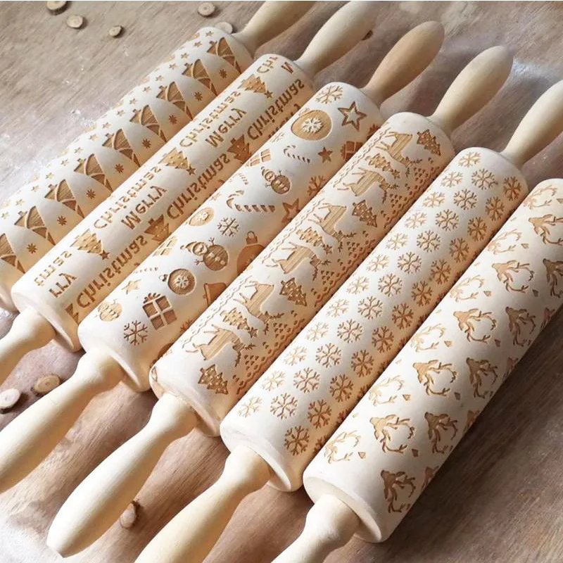 Wooden Embossing Rolling Pins With Patterns Roller Baking Embossed Cookies Kitchen Tools Christmas Elk Snowflak Pottery Crafts