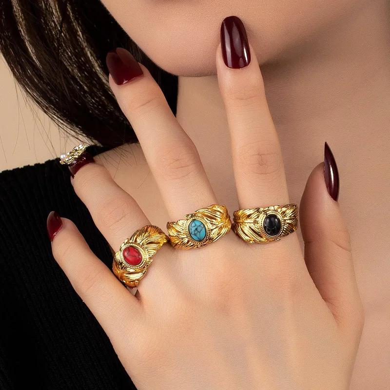 

Niche Retro Simple Brass Opening Feather Turquoise Leaf Texture Ring Female