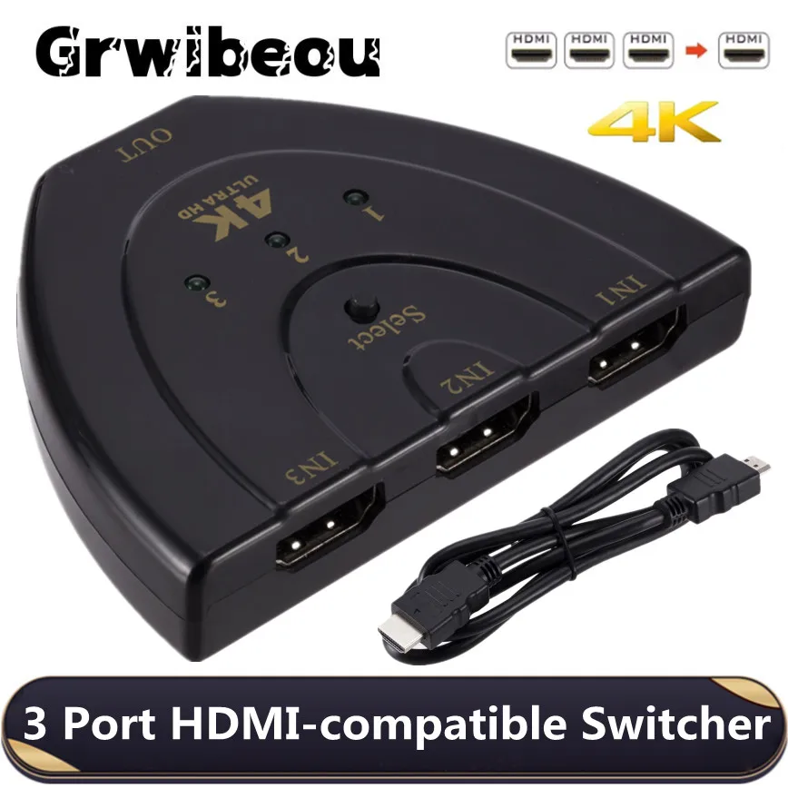 

HDMI-переключатель Grwibeou 3x1, HDMI-совместимый 4k 3-в-1 выход для PS4 Xbox Full HD 1080P 3D поставляется с высокоскоростным HDMI-кабелем