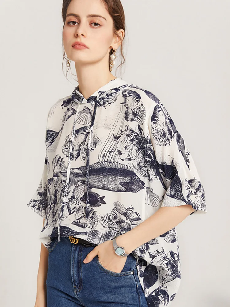 SuyaDream Woman 2021 Summer Blouses 100%Silk Crepe Half Sleeves Hooded Printed Blouse Shirts enlarge