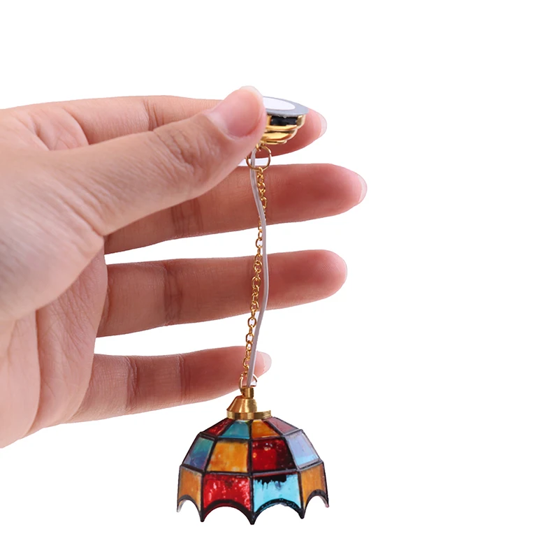 

1:12 Dollhouse Miniature Furniture Vintage Colorful Ceiling Light LED Lamp Mini LED Chandelier Doll House Decorative Accessories