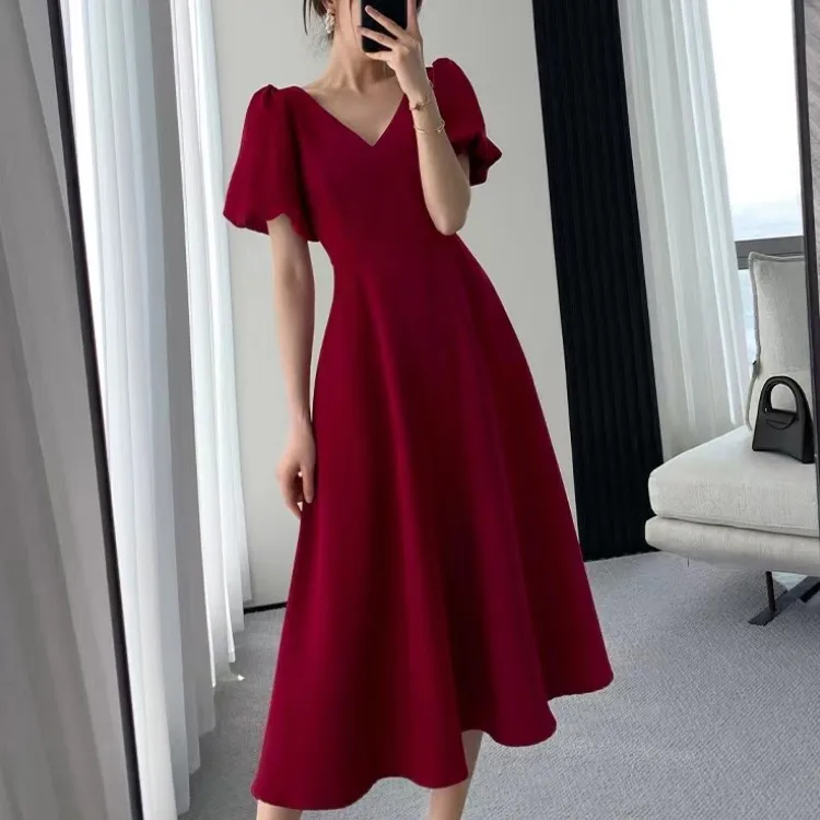 

2022 Summer Elegant Vintage Party Dress For Women French Fashion V Neck Puff Sleeve High Waist Casual Slim Midi Dress Female