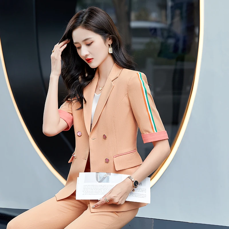 

Summer New Fashion Striped High Street Slim Suits Women Business Formal Half Sleeve Blazer And Pants Office Ladies Work Wear 3XL