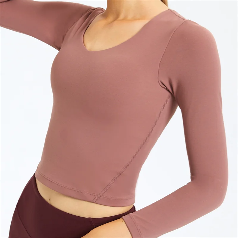 Nepoagym CAMPAIGN Long Sleeve Crop Women Sport Top Shirts with Built In Bra Buttery Soft V Neck Athletic Gym Shirts