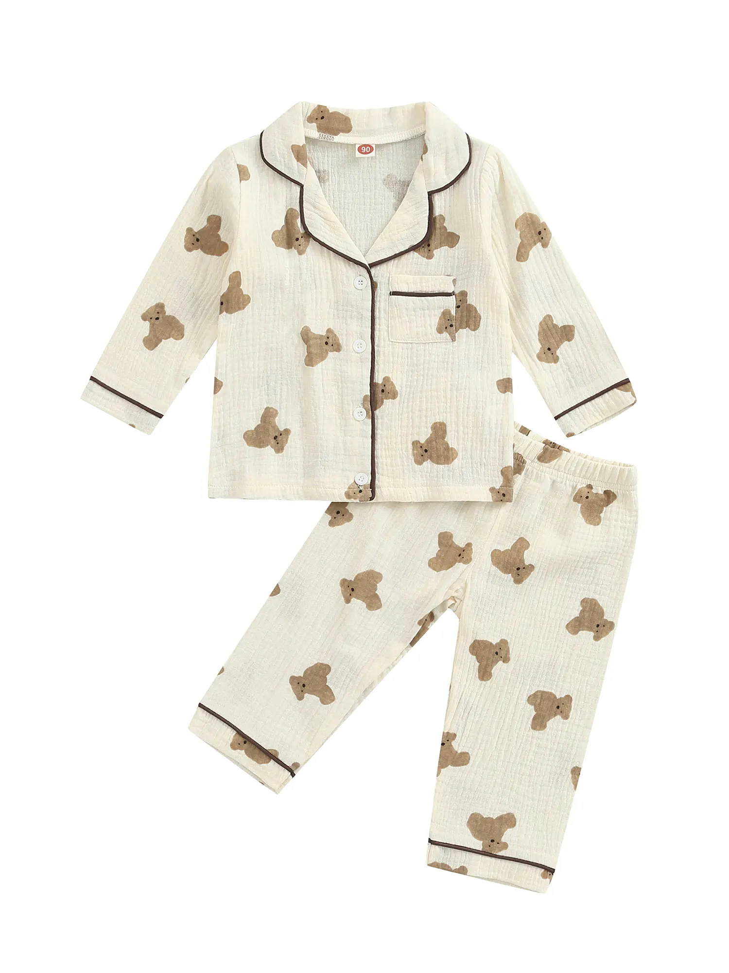 

1-6Y Kids Pajama Sets Baby Boys Grils Sleepwear Bear Printed Long Sleeve Lapel Tops Long Pants Children Button-On Nighwear Pjs