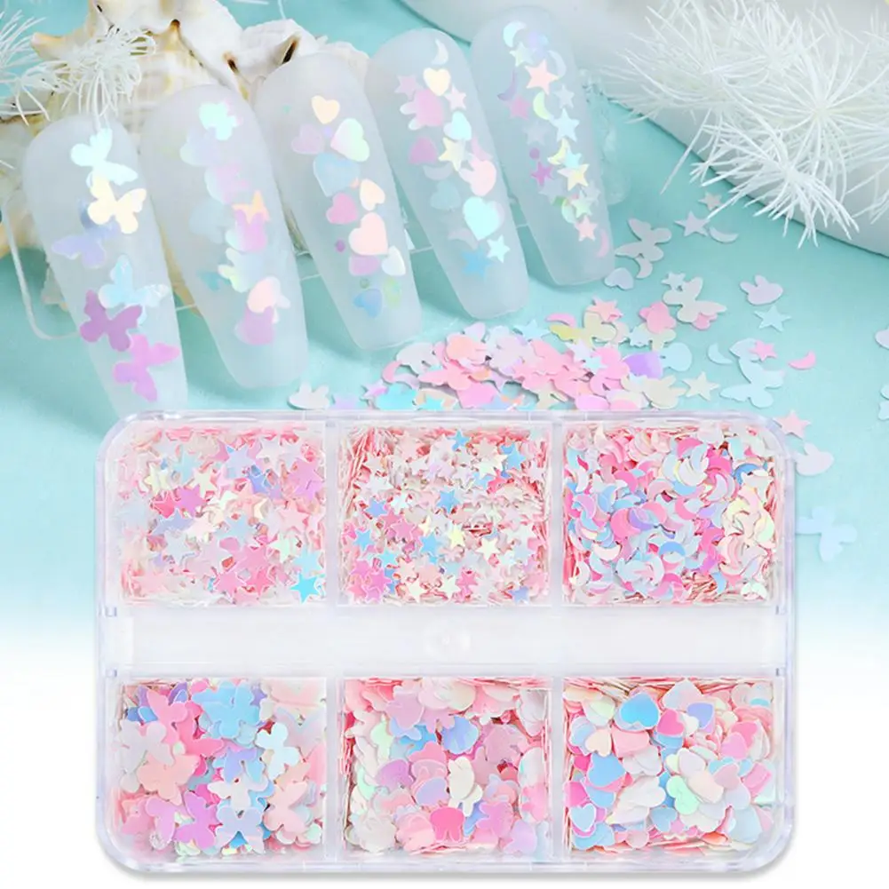 

3D Nail Glitter Sequins 6 Grids Star Moon Butterfly Bunny Heart Shape Manicure Accessories Face Body Eyes Make-up Decoration