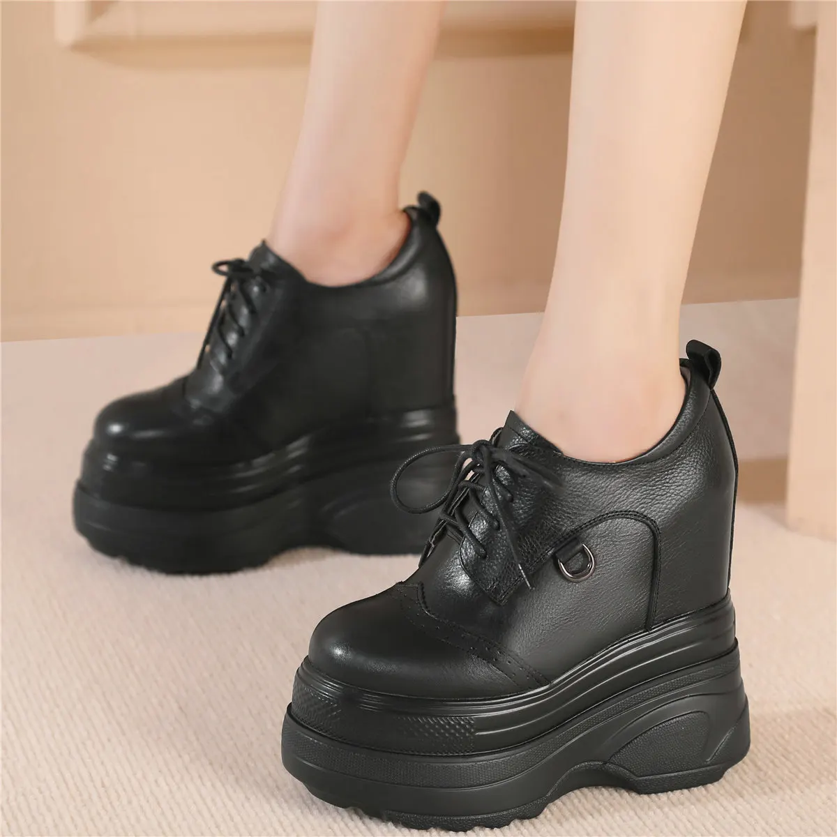 

Wedges Pumps Shoes Women Lace Up Genuine Leather High Heel Ankle Boots Female Round Toe Platform Fashion Sneakers Casual Shoes