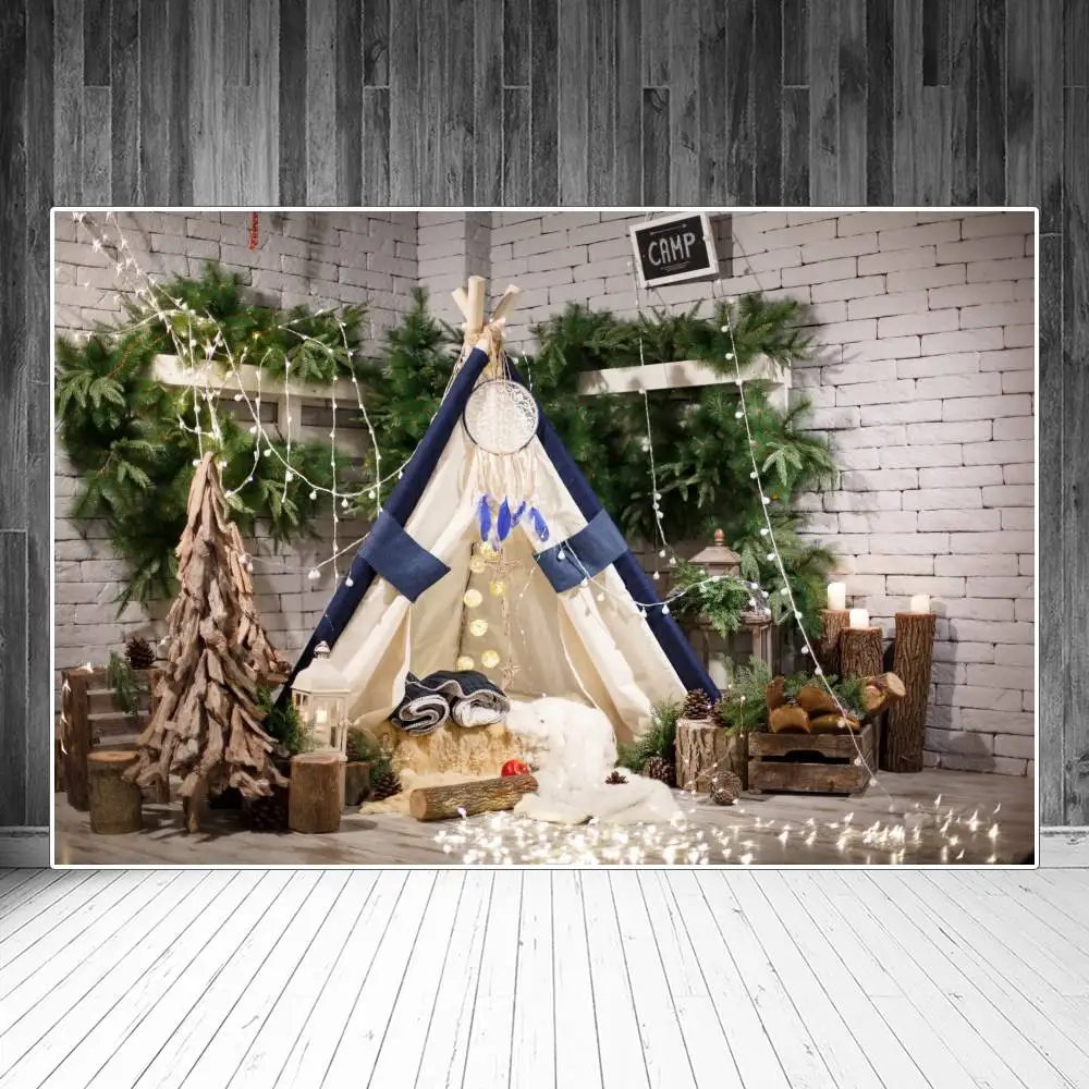 

Фон для фотосъемки с изображением рождественской елки гирлянды палатки кирпичной стены