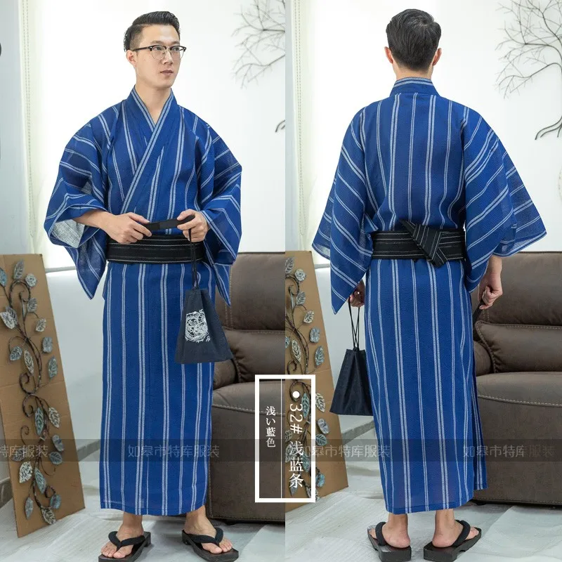 Summer Men's Traditional Yukata Japanese Samurai Pajamas Breathable Kimono Robe Woven Cotton
