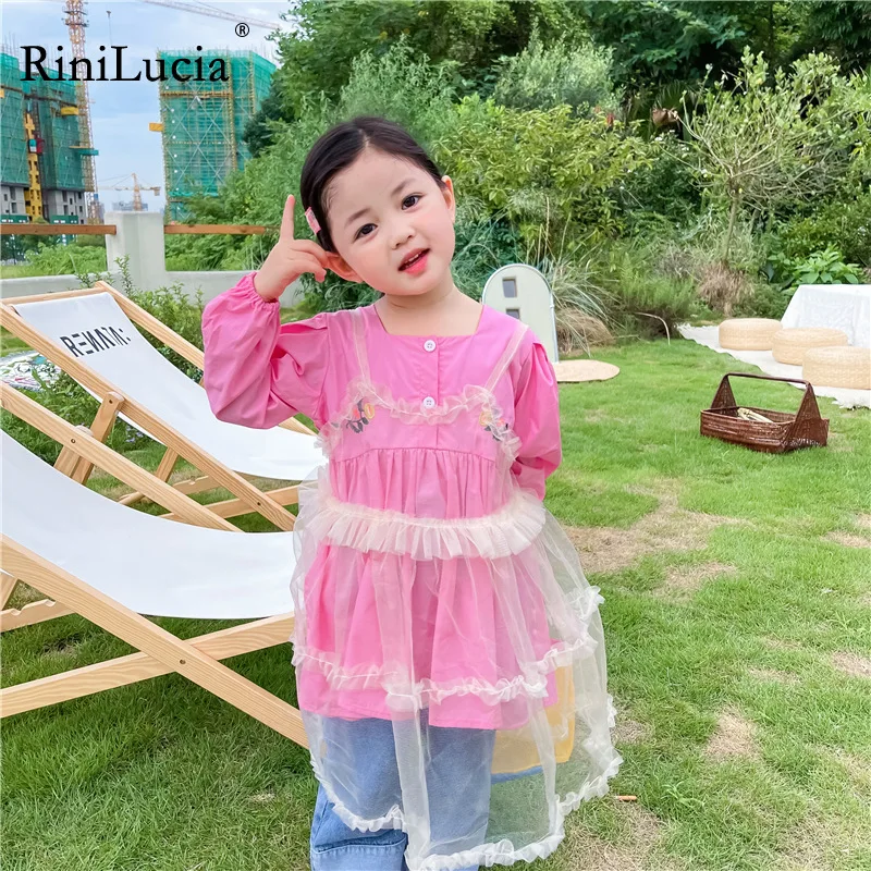 

RiniLucia 2022 Summer Baby Girls Cartoon Solid Dresses Lace Smock 2pcs Long Sleeve Korean Style Children Cute Dress