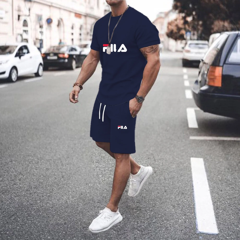 Summer high-quality men's short sleeve suit fitness fashion leisure sports suit super cool sports T-shirt + shorts 2-piece set