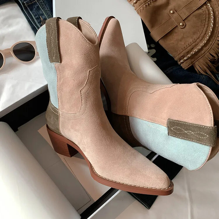 

Mixed Color Pink Slip On Women Short Western Boots Pointed Toe Girls Autumn Riding Botas 5cm Square Heels Winter Botines Femmes