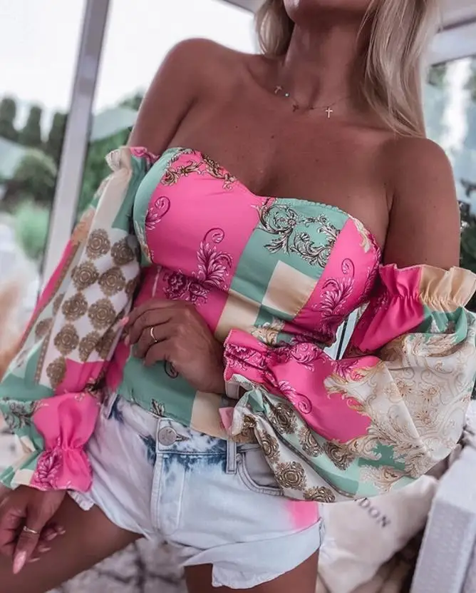 

Женские топы 2022, модный шарф с барочным принтом, блузка с открытыми плечами, пикантный шикарный пуловер с длинным рукавом, универсальные блу...