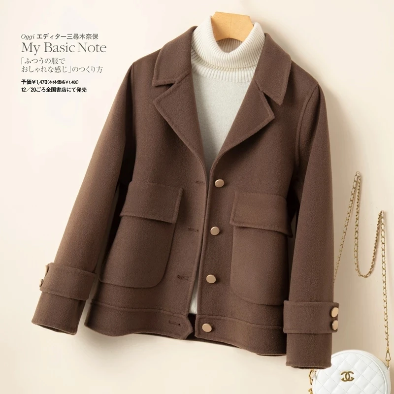 Turn-Down Collar Double Sided 100%Wool Coat Women Slim Casual Cashmere 2023 New Short Winter Jacket Cardigan Outerwear