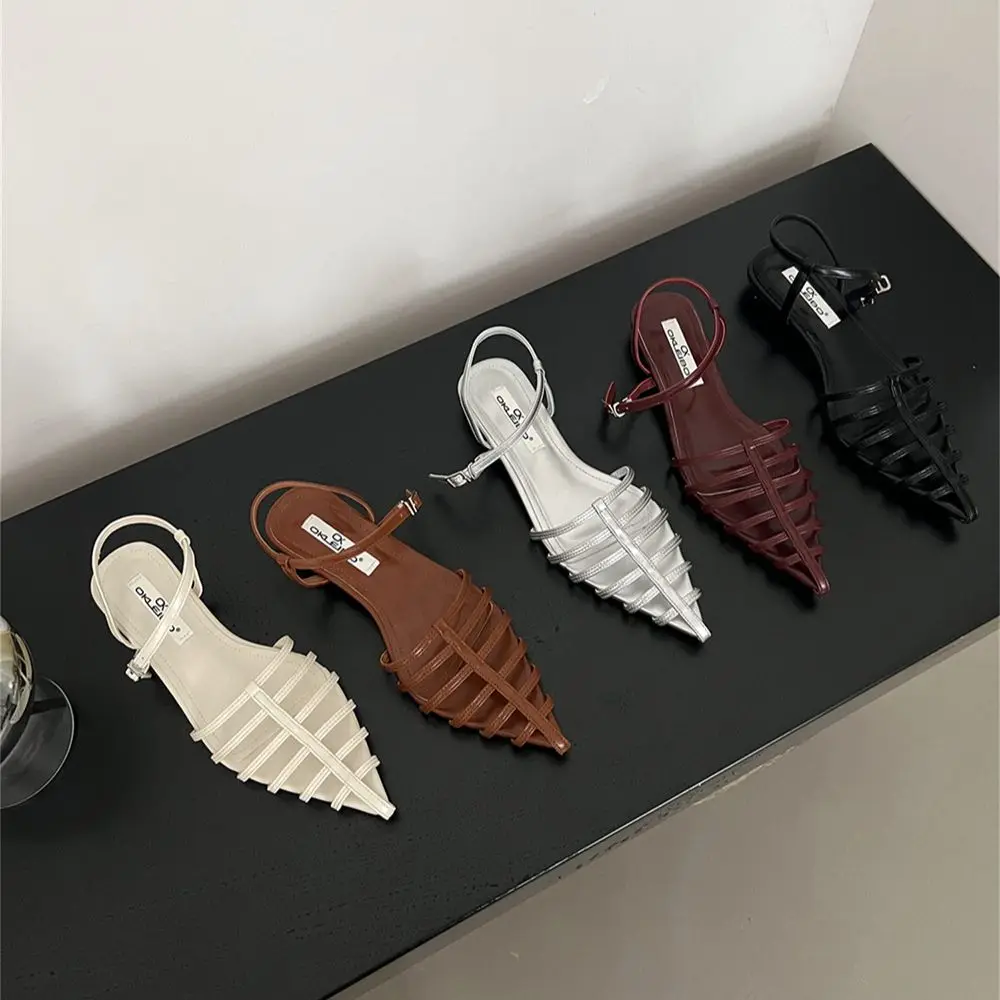 

Pointed Toe Women Sandals 2023 New Arrivals Fashion Party Round Low Heels Ankle Strap Black White Silver Red Brown Red Sandals
