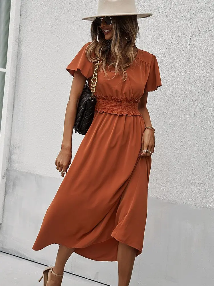 

New Ladies Vintage Solid Summer Dress Women Casual Elastic Waist Slim Party Beach Long Dress Women Sundress Robe Vestidos Female