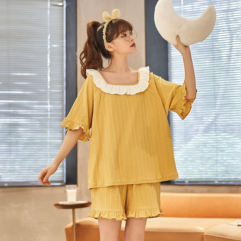 

Youth Girls Summer Fashion Pajama Sets New Sleepwear for Women Soft Cotton Round Collar Solid Leisure Pjs