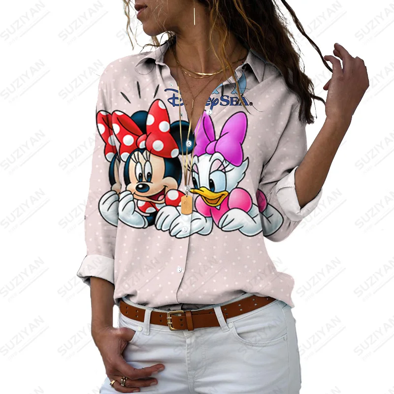 

Летняя Модная рубашка с длинным рукавом и принтом Disney, женские свободные рубашки с отложным воротником, повседневные топы, женская рубашка, ...