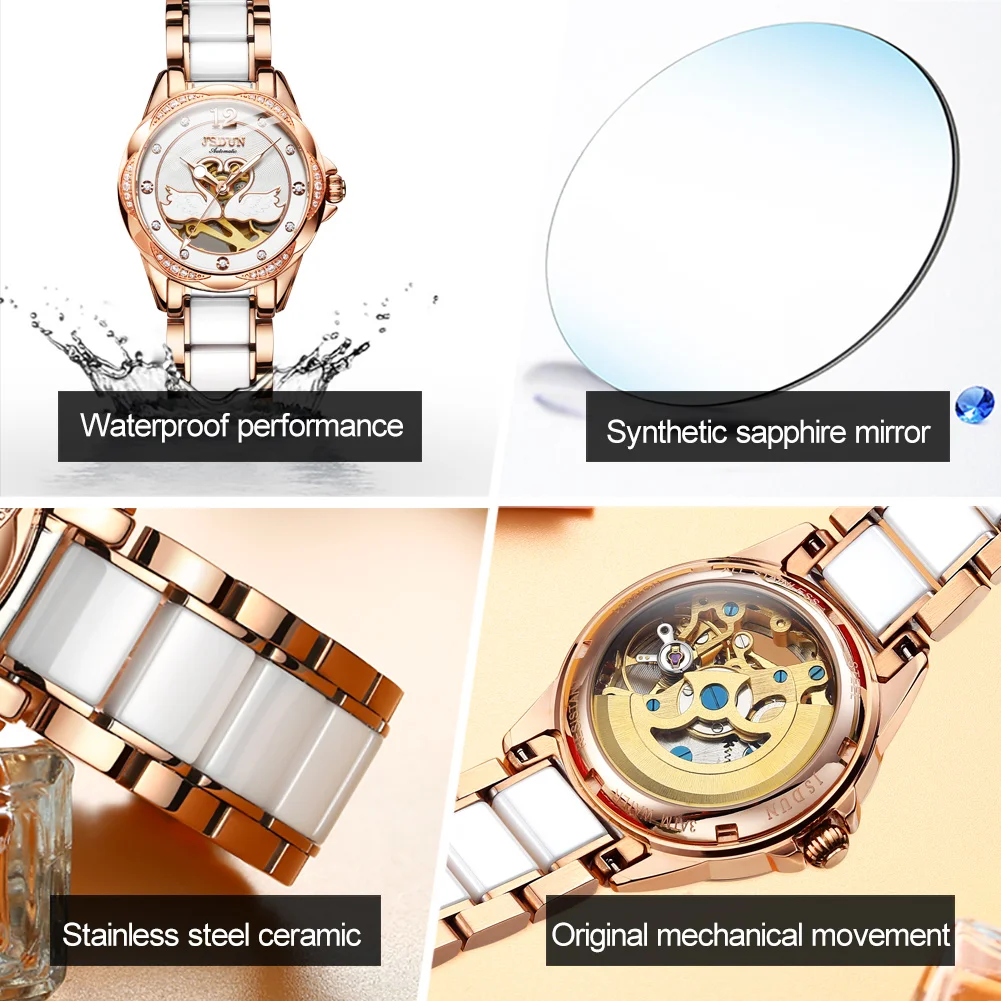TAXAU Brand JSDUN Mechanical Watch for Women Stainless Steel Ceramics Strap Elegant Ladies Wristwatch Sapphire Femme Watches