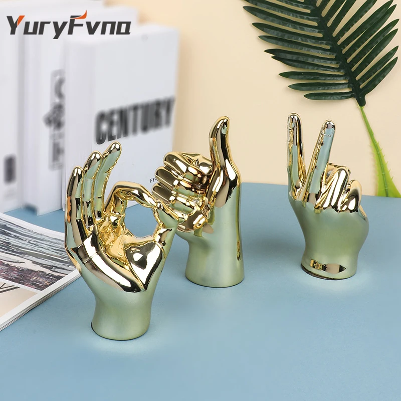 

YuryFvna Nordic Creative Gold Plating Finger Art Sculpture Abstract Gesture Statue Ceramics Crafts Living Room Decorations